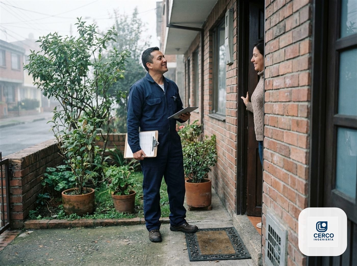 Técnico de Cerco Ingeniería llegando a la sede de un cliente en Bogotá