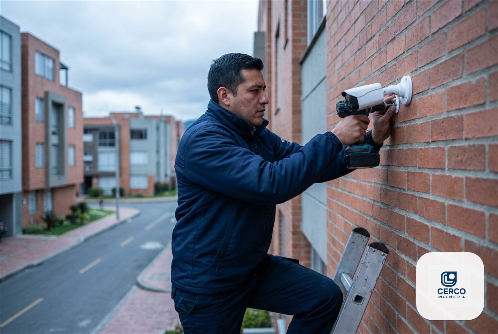 Técnico instalando una cámara de seguridad en la fachada de una vivienda en Bogotá